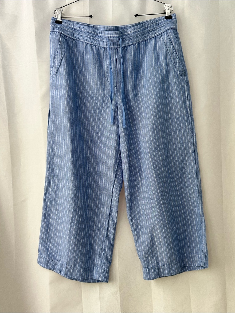 Talbots L Cropped Light Blue Pinstripe Drawstring Wide-Leg Pants Coastal